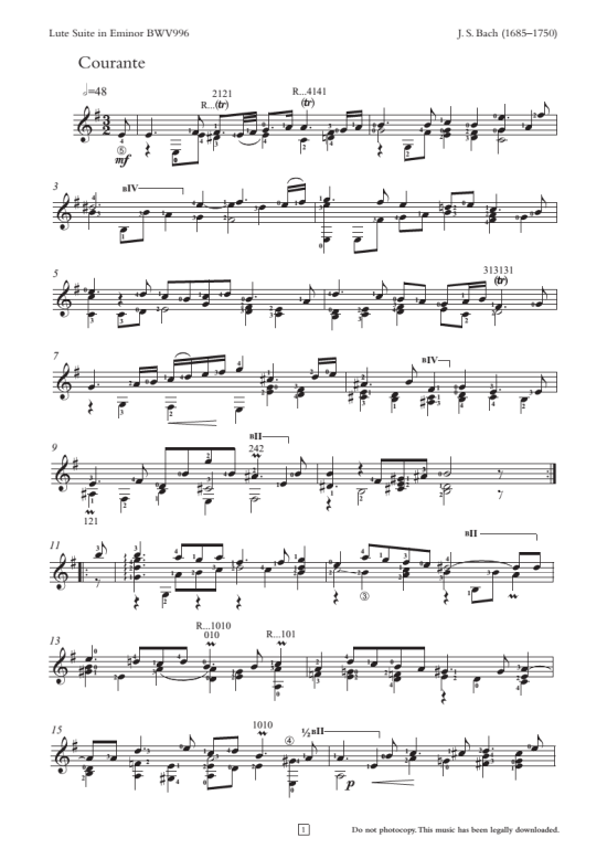 Courante from Lute Suite In E minor BWV 996 Gitarre klassisch PDF
