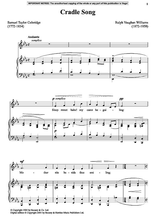Cradle Song Klavier & Gesang PDF Noten von Ralph Vaughan Williams in