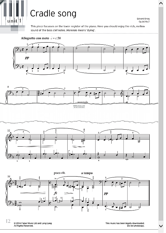 Cradle Song Op.66 No.7 Klavier Solo PDF Noten von Edvard Grieg in D