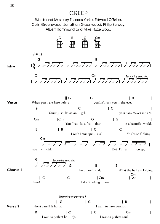 Creep Ukulele Chord Songbook PDF Noten von Radiohead in G Dur fbd39055