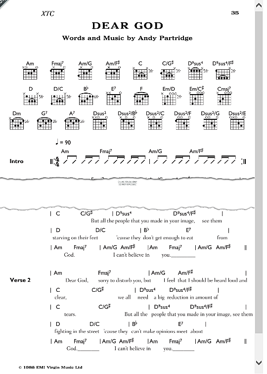 Dear God Songbook mit Akkorden PDF Noten von XTC in A Moll fbd43571