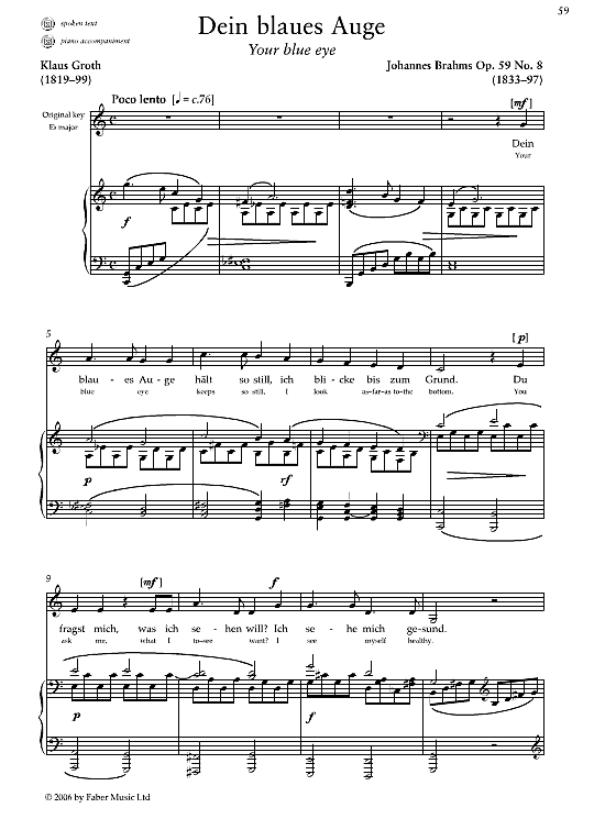 Dein blaues Auge Klavier & Gesang - PDF Noten von Johannes Brahms in