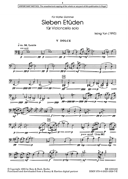 Dolce 7 Etudes, No. 5 Solo 1 St. PDF Noten von Isang Yun in fbd26960