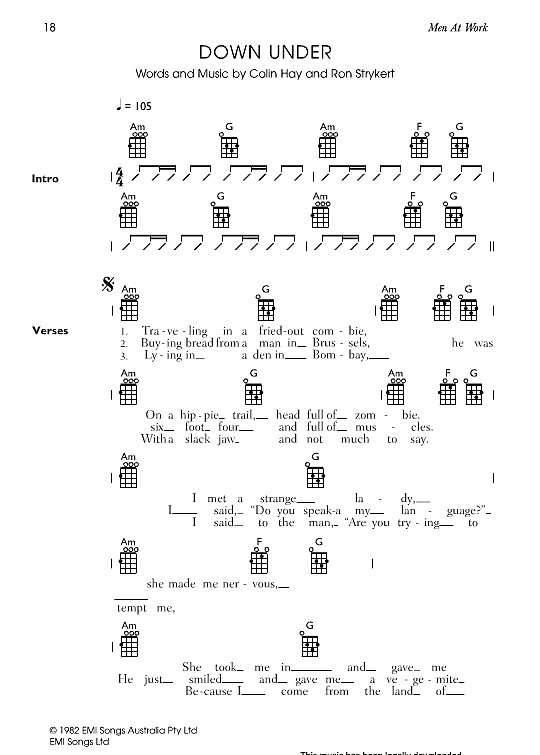 Down Under Ukulele Chord Songbook PDF Noten von Men At Work in A Moll