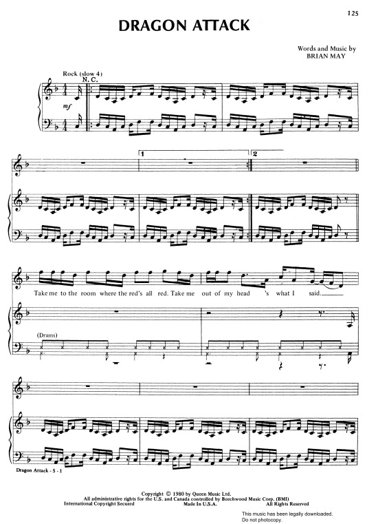 Dragon Attack Klavier, Gesang &amp; Gitarre - PDF Noten von Queen in F Dur - fbd-22488
