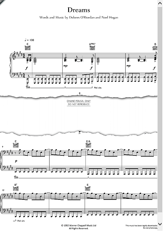 Dreams Klavier, Gesang & Gitarre PDF Noten von The Cranberries in E