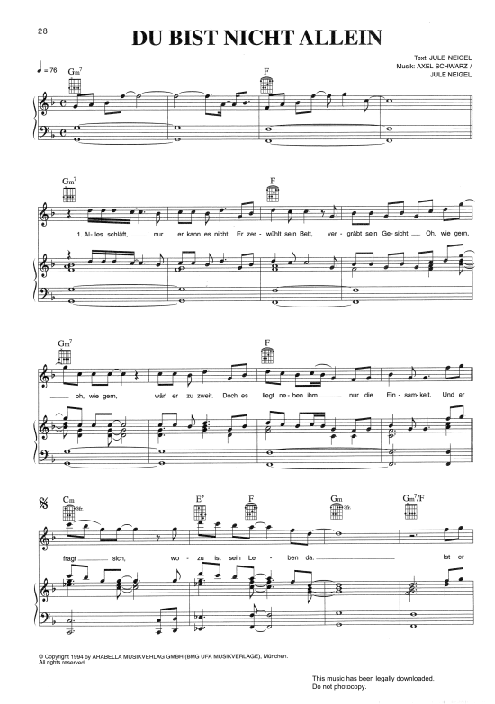 Du Bist Nicht Allein Klavier, Gesang & Gitarre PDF Noten von Jule Neigel Band in F Dur