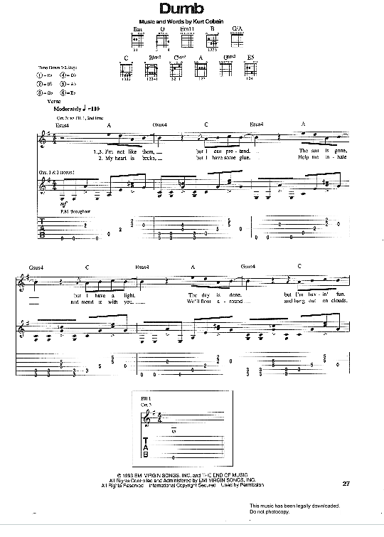 Dumb Gitarre TAB PDF Noten von Nirvana in E Moll fbd33884