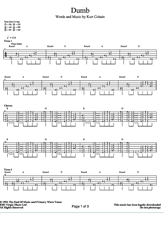 Dumb Gitarre TAB PDF Noten von Nirvana in fbd6620