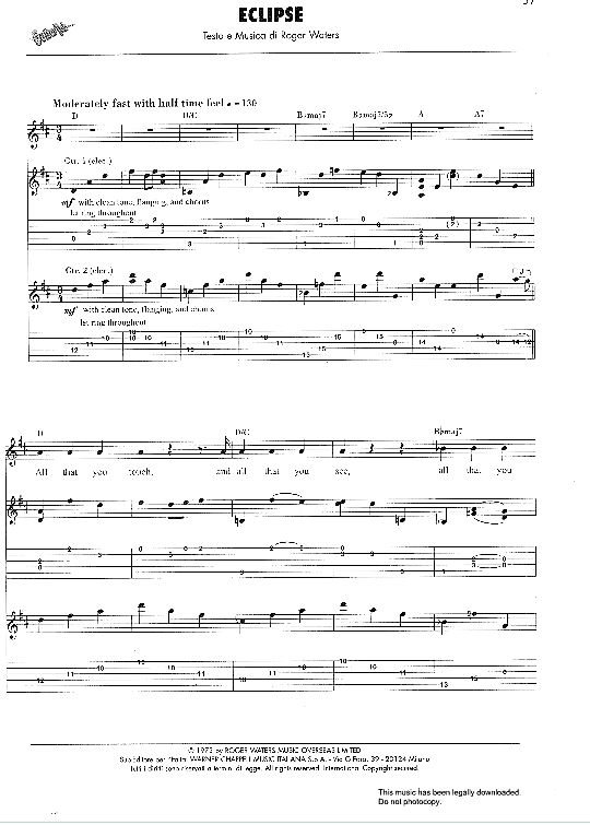 Eclipse Gitarre TAB PDF Noten von Pink Floyd in D Dur fbd33915