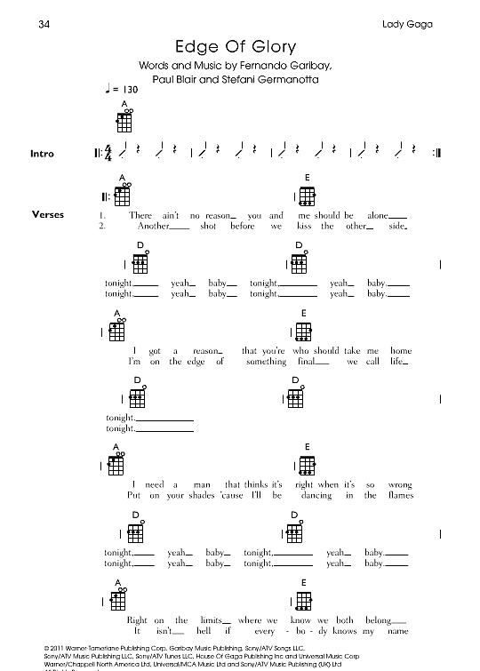 Edge Of Glory Ukulele Chord Songbook PDF Noten von Lady Gaga in A Dur fbd39622