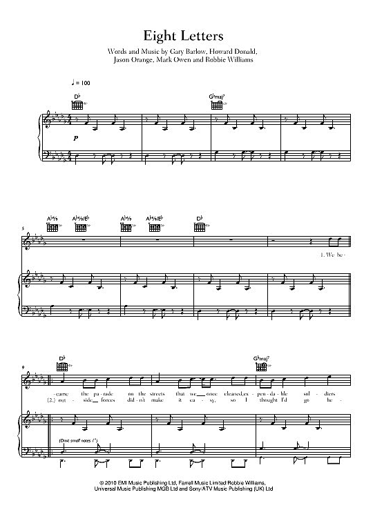 Eight Letters Klavier, Gesang & Gitarre PDF Noten von Take That in