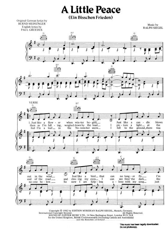 Ein Bisschen Frieden A Little Peace Klavier, Gesang & Gitarre PDF Noten von Nicole in G Dur Ein Bisschen Frieden A Little Peace Klavier, Gesang & Gitarre PDF Noten von Nicole in G Dur