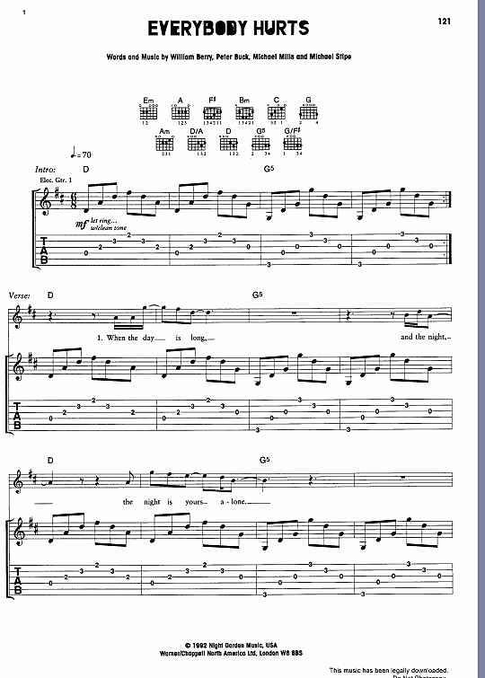 Everybody Hurts Gitarre TAB PDF Noten von R.E.M. in D Dur fbd3070