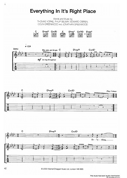 Everything In Its Right Place Gitarre TAB PDF Noten von Radiohead in As Dur fbd1548