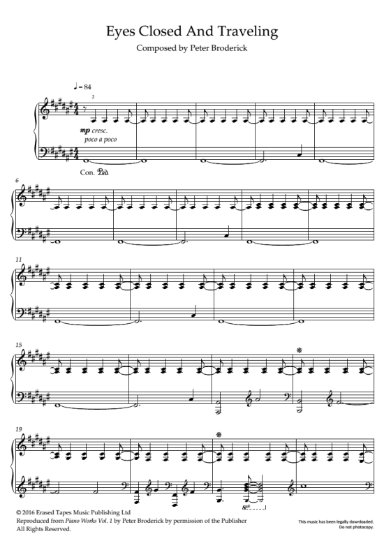 Eyes Closed And Traveling Klavier Solo PDF Noten von Peter Broderick