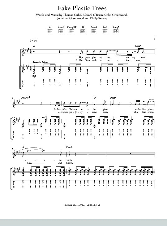 Fake Plastic Trees Gitarre TAB PDF Noten von Radiohead in A Dur fbd6310