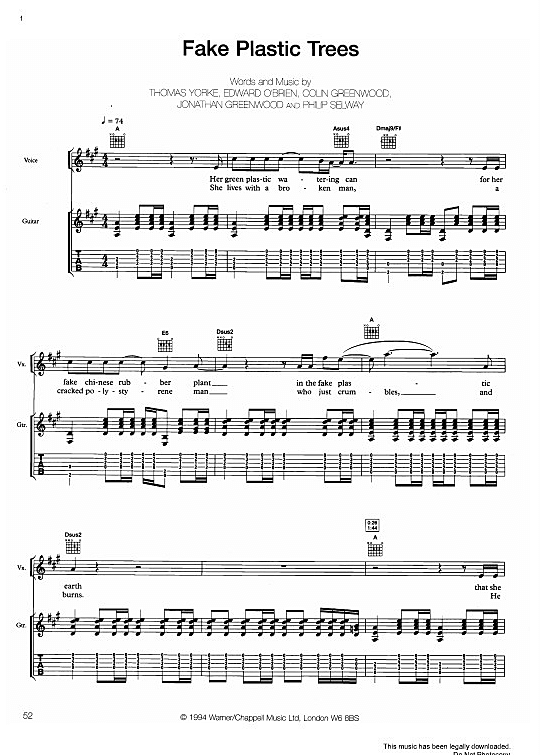 Fake Plastic Trees Gitarre TAB PDF Noten von Radiohead in A Dur fbd1549