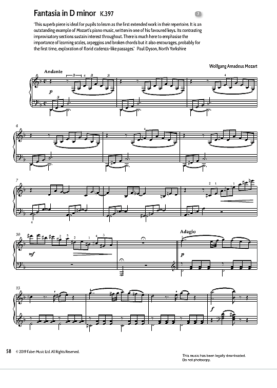 Fantasia in D Minor K.397 Klavier Solo PDF Noten von Wolfgang Amadeus