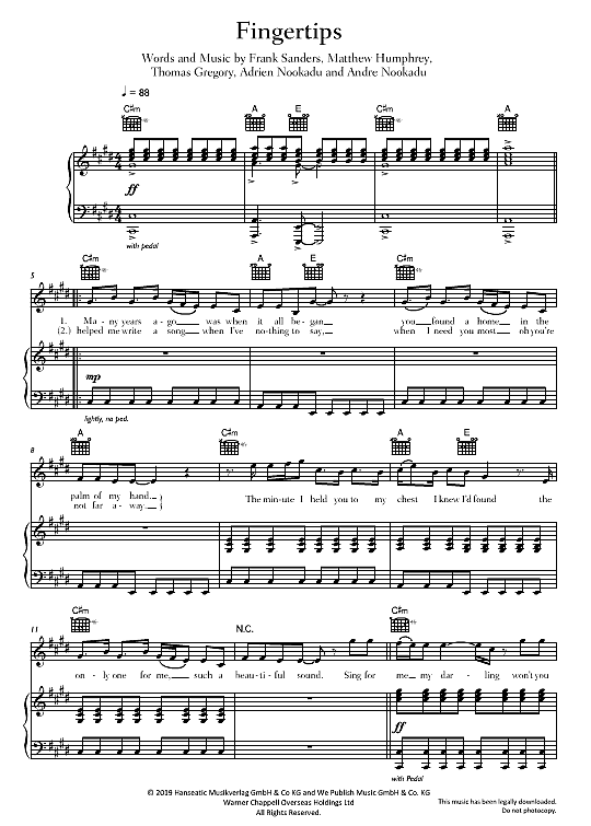 Fingertips Klavier, Gesang & Gitarre PDF Noten von Tom Gregory in Cis