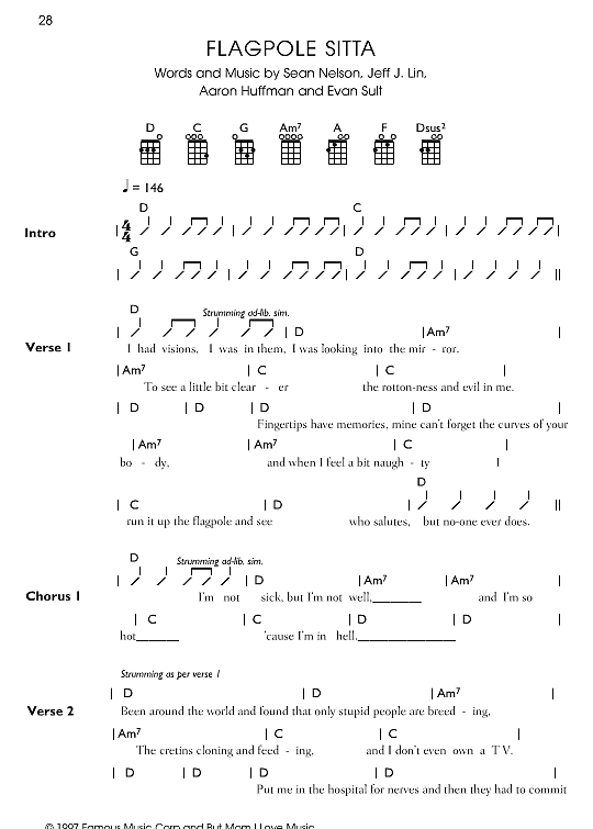 Flagpole Sitta Ukulele Chord Songbook PDF Noten von Harvey Danger in