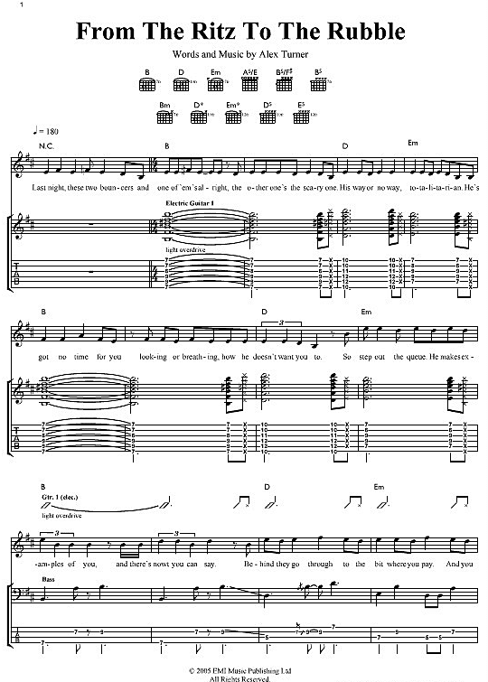 From The Ritz To The Rubble Gitarre TAB PDF Noten von Arctic Monkeys in D Dur fbd1344