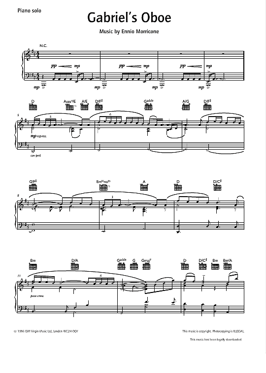 Gabriel s Oboe from The Mission Klavier Solo PDF Noten von Ennio