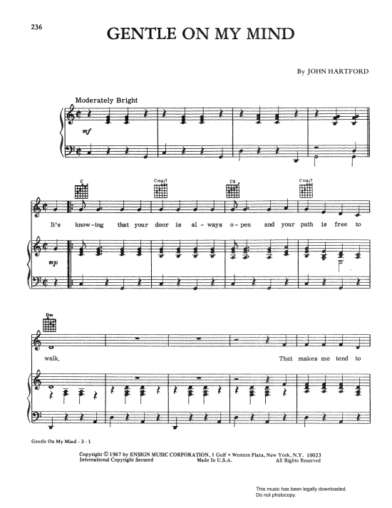 Gentle On My Mind Klavier, Gesang