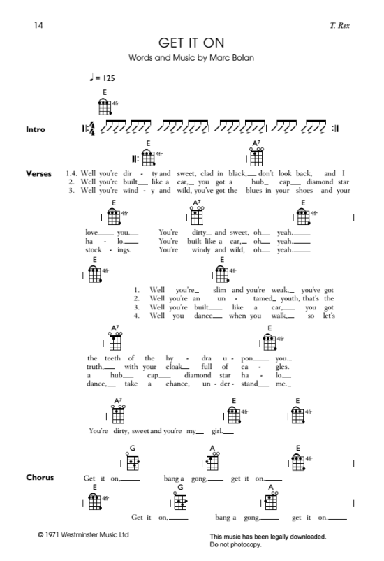 get it on ukulele chord songbook t. rex