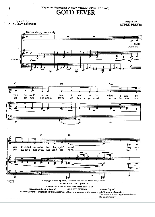 Gold Fever from Paint Your Wagon Klavier, Gesang & Gitarre PDF Noten