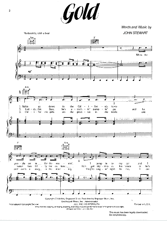 Gold Klavier, Gesang & Gitarre PDF Noten von John Stewart in A Moll