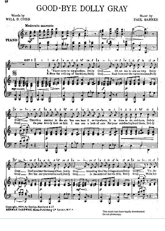 Goodbye Dolly Gray Klavier & Gesang PDF Noten von Paul Barnes in C