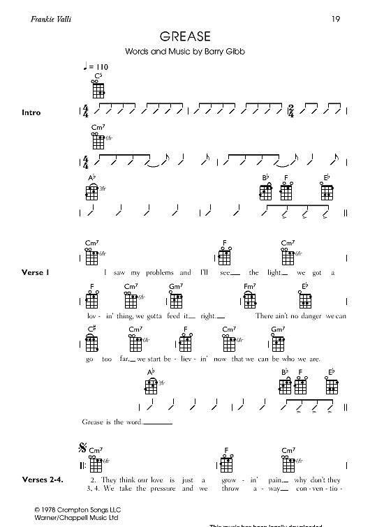 Grease Ukulele Chord Songbook PDF Noten von Frankie Valli in C Dur