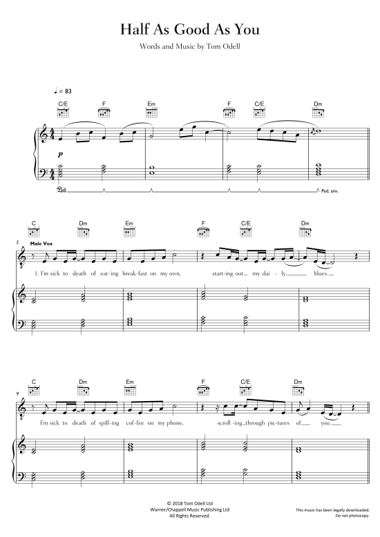 Half As Good As You Klavier, Gesang & Gitarre PDF Noten von Tom Odell in C Dur fbd35443