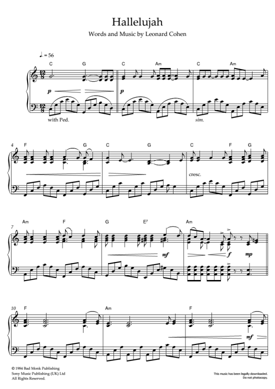 Hallelujah Klavier Solo PDF Noten von Leonard Cohen in C Dur fbd42435