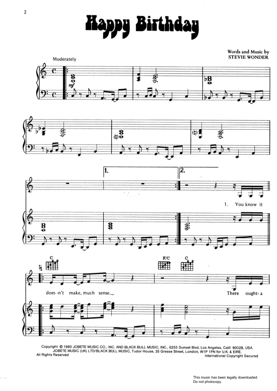 Happy Birthday Klavier, Gesang & Gitarre PDF Noten von Stevie Wonder in C Dur fbd27497