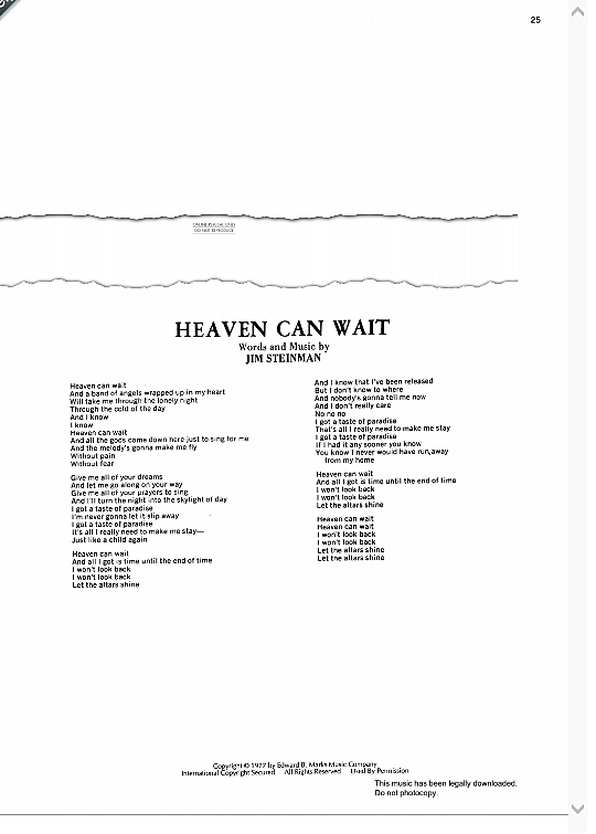 Heaven Can Wait Klavier, Gesang & Gitarre PDF Noten von Meat Loaf in