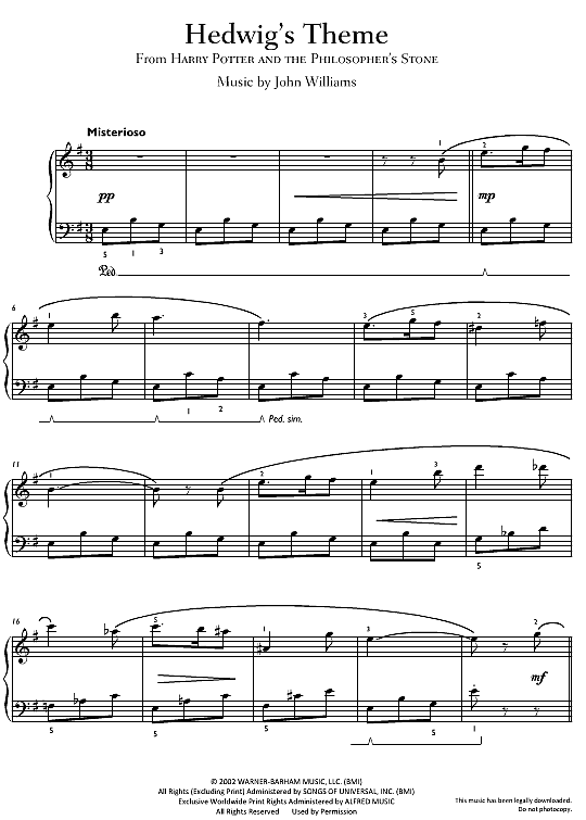 Hedwig s Theme From Harry Potter And The Philosopher s Stone Klavier einfach PDF Noten von John