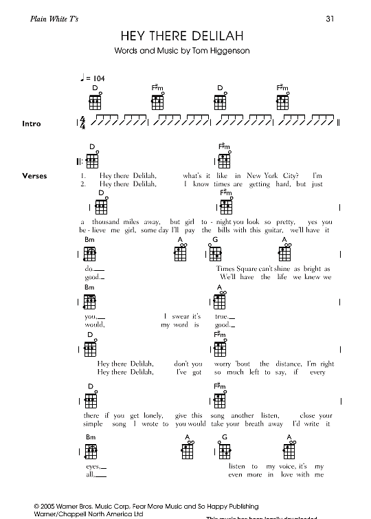Hey There Delilah Ukulele Chord Songbook PDF Noten von Plain White T