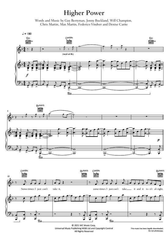 Higher Power Klavier, Gesang & Gitarre PDF Noten von Coldplay in F