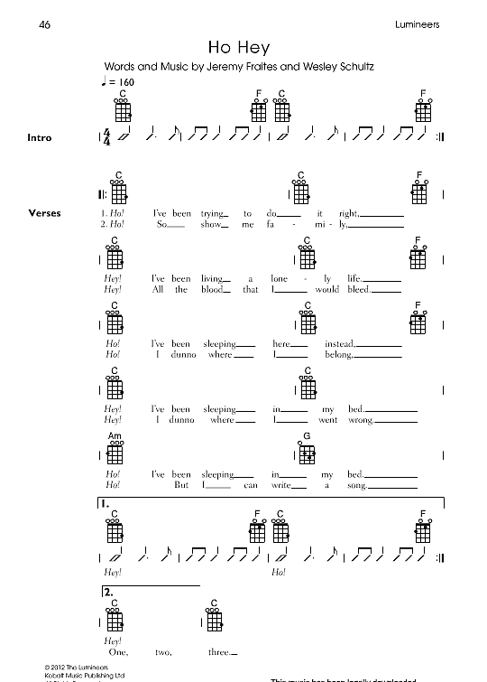Ho Hey Ukulele Chord Songbook PDF Noten von The Lumineers in C Dur fbd39523