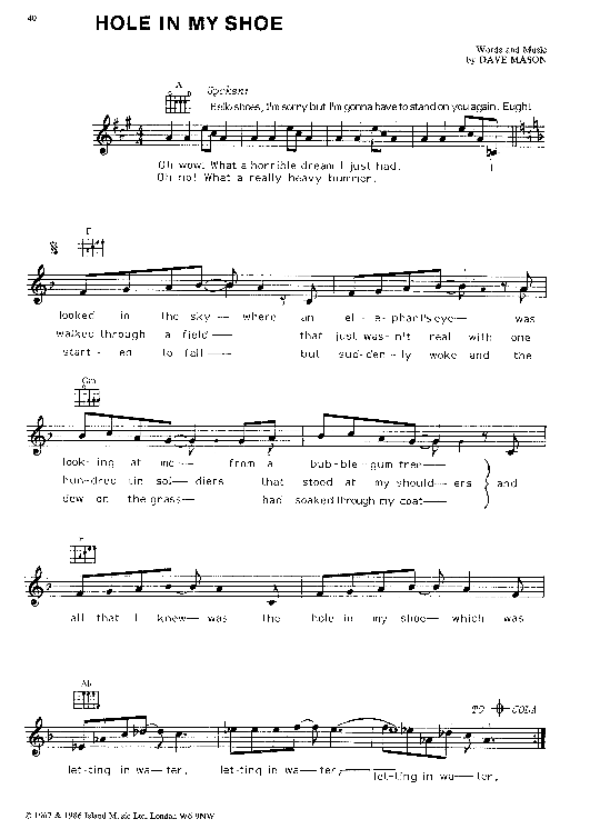 Hole In My Shoe Melodie & Akkorde PDF Noten von Traffic in F Dur