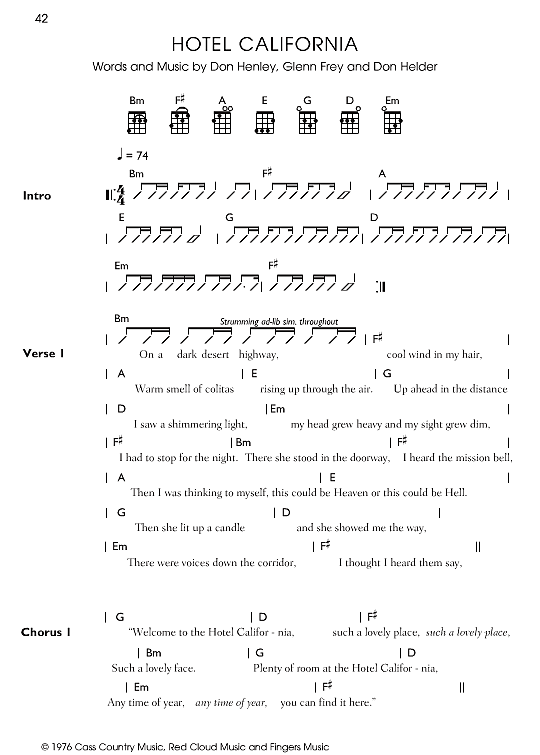 Hotel California Ukulele Chord Songbook PDF Noten von Eagles in H Moll fbd39064