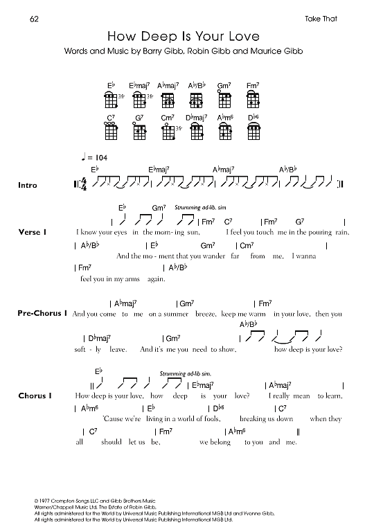 How Deep Is Your Love Ukulele Chord Songbook PDF Noten von Take That
