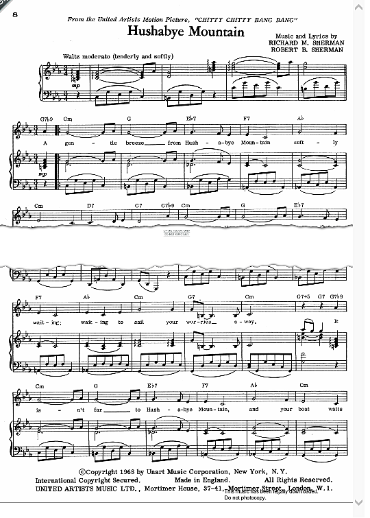 Hushabye Mountain Chitty Chitty Bang Bang Lyrics Hushabye Mountain from Chitty Chitty Bang Bang Klavier, Gesang