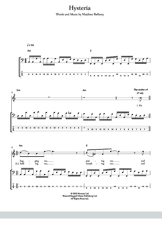Hysteria Bass Tab PDF Noten von Muse in fbd8603