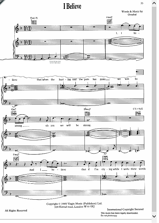 I Believe Klavier, Gesang & Gitarre PDF Noten von Tears For Fears in