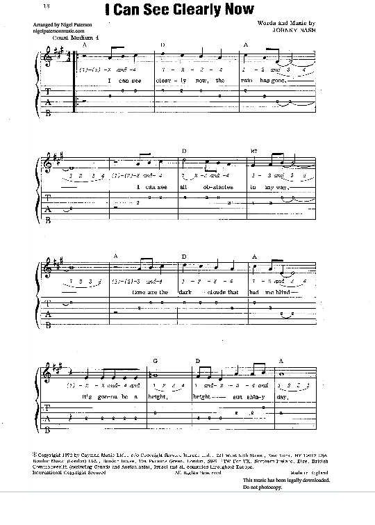 I Can See Clearly Now Gitarre TAB PDF Noten von Johnny Nash in fbd