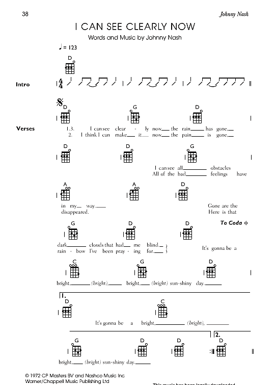 I Can See Clearly Now Ukulele Chord Songbook PDF Noten von Johnny
