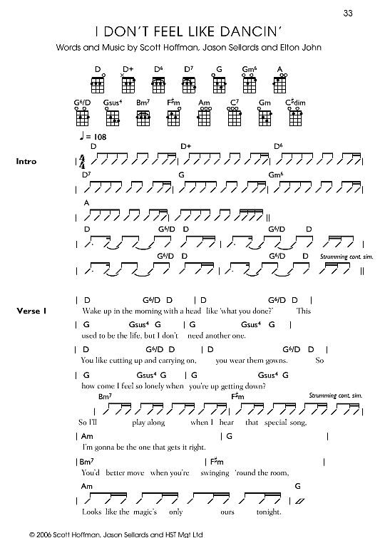I Don t Feel Like Dancin Ukulele Chord Songbook PDF Noten von Scissor Sisters in D Dur